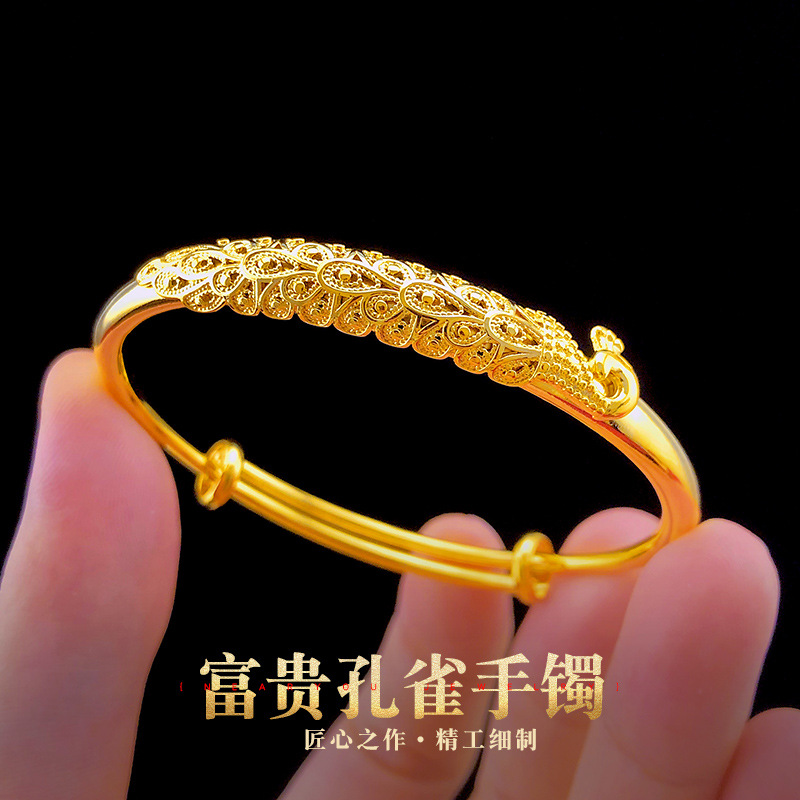 Factory direct sales of the internet-famous style pure copper gold-plated peacock bracelet for women's wedding, sand gold peacock sliding bracelet, novel from Yiwu details Picture