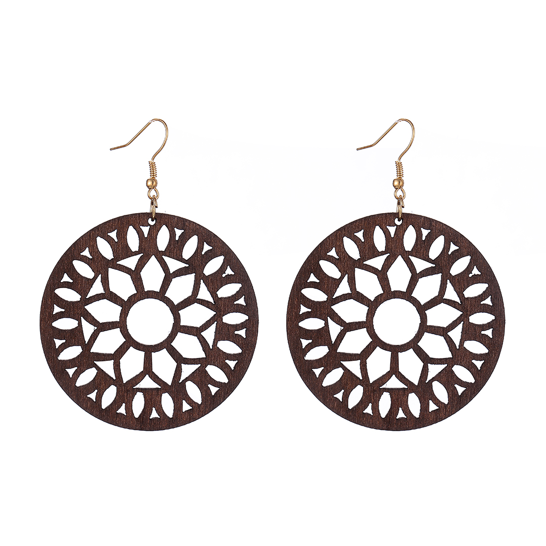 Yumeng new round wood hollow carved earrings earrings fashion ladies personality cut wood pendant earrings jewelry customization wholesale thumbnail