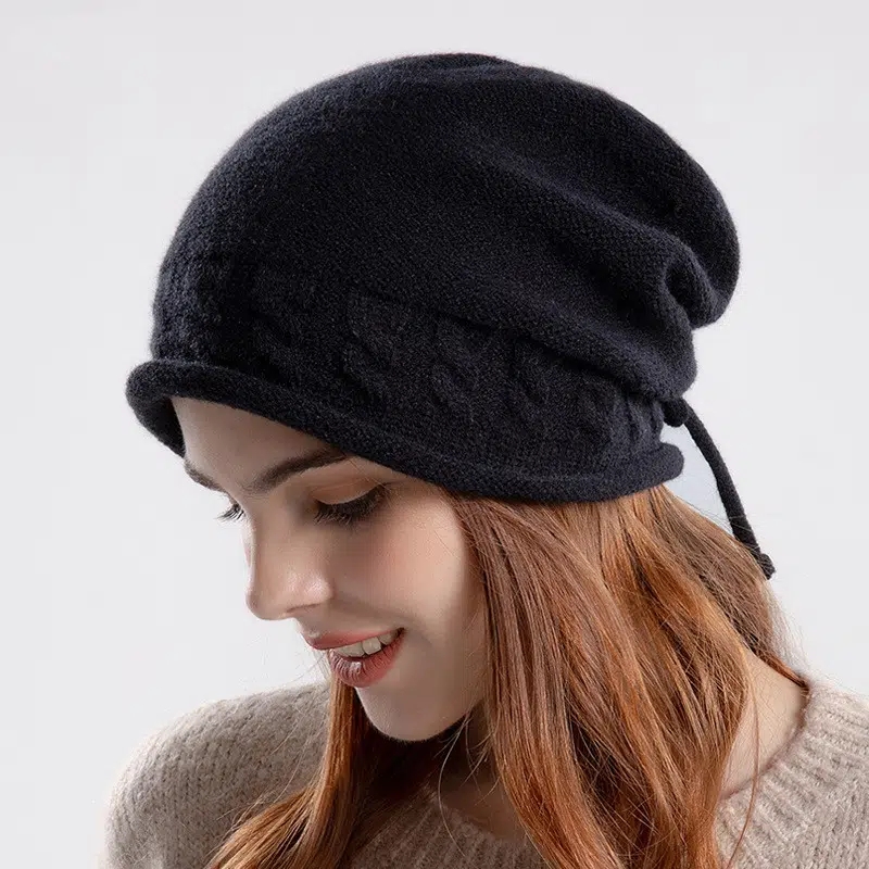 Autumn And Winter Cross-Border Pullover Knitted Pile Hat, Drawstring Rolled Edge Warm Hat, Women's Headwear, Ear Protection Cold Hat