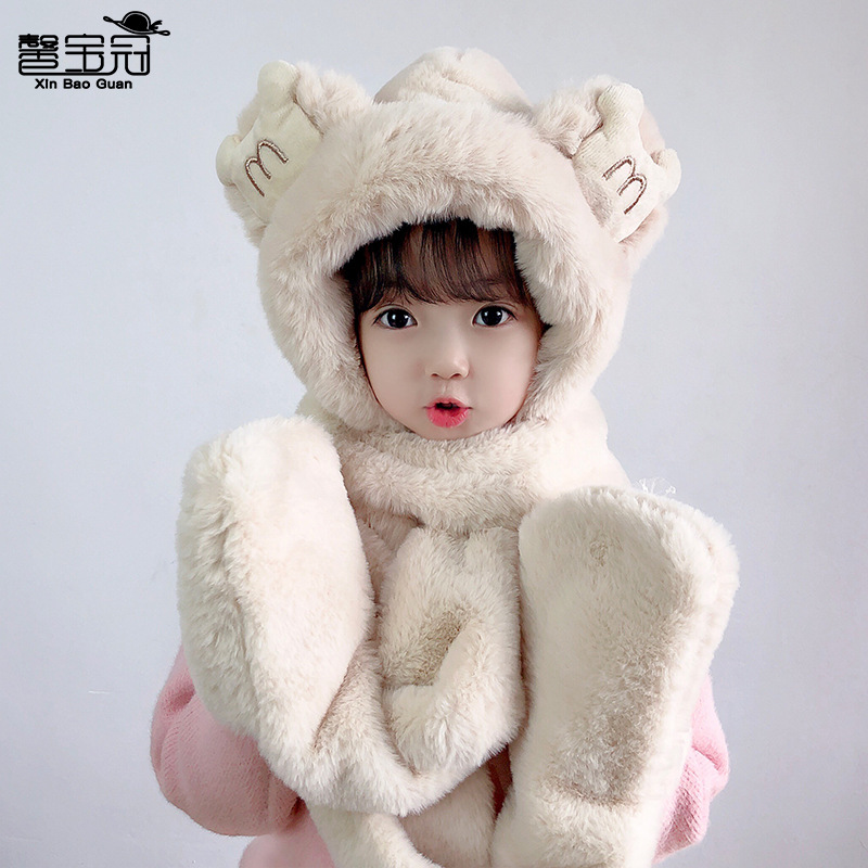 A Three-Piece Set Of Hat And Scarf For Parents And Children, Thickened And Warm Plush Scarf, Gloves And One-Piece Hat For Women In Winter Specification drawing