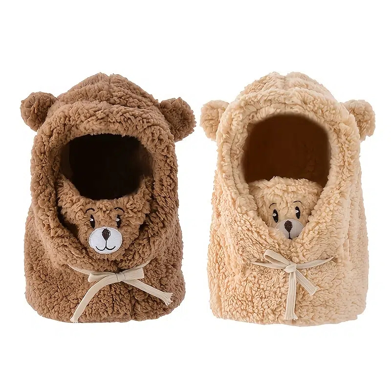 2022 Cute Bear Adjustable Warm Hooded Pullover Winter One Piece Slouchy Fleece Beanie Hats Scarf Mask For Woman