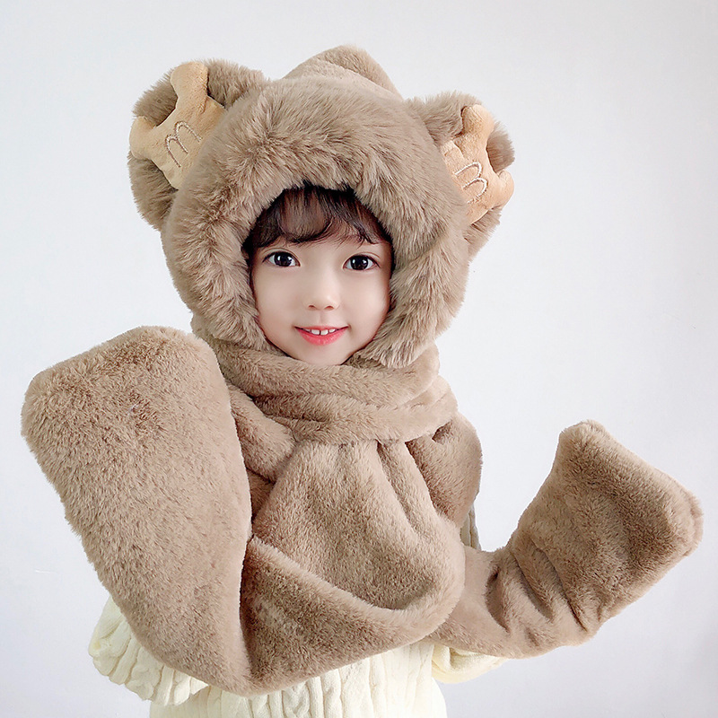 A Three-Piece Set Of Hat And Scarf For Parents And Children, Thickened And Warm Plush Scarf, Gloves And One-Piece Hat For Women In Winter Item Picture