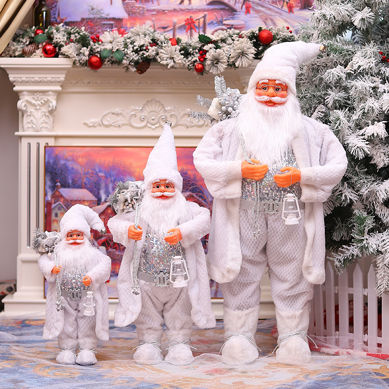 圣诞老人白衣提宫灯跨境热卖布艺圣诞公仔 橱窗装饰 圣诞节礼品60cm 圣诞老人