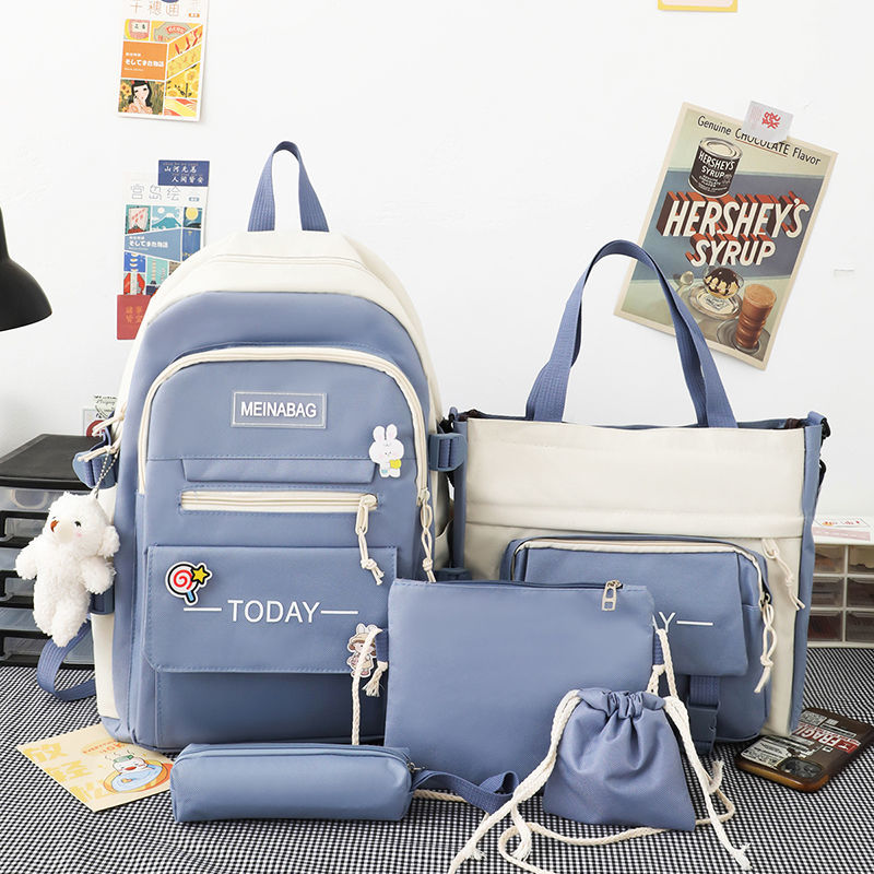 Schoolbag female five-piece set Korean version of Instagram advanced sense primary and middle school students high school small fresh canvas backpack male freshmen large capacity thumbnail