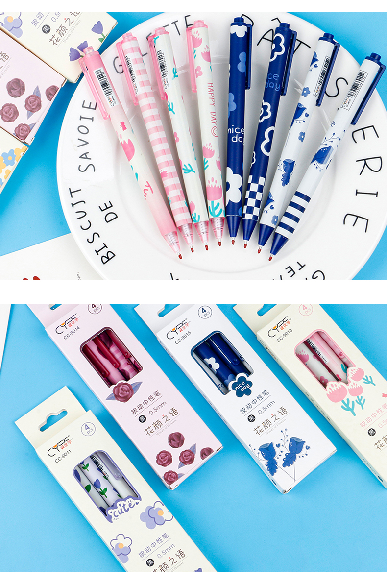 Flower Language Press Box High Appearance Level student Gel Pen 0.5mm black Press Primary School student gift Distribution pen pic 7