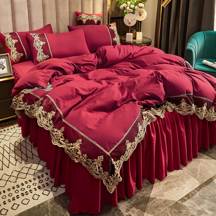 Princess style solid color wedding bed sheet and duvet cover four-piece lace skirt bedding sets thumbnail