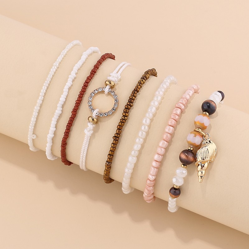 Multi-layer rice beads alloy zircon inlaid ring bracelet bracelet fashion shell pearl rice beads stacked wearing hand string