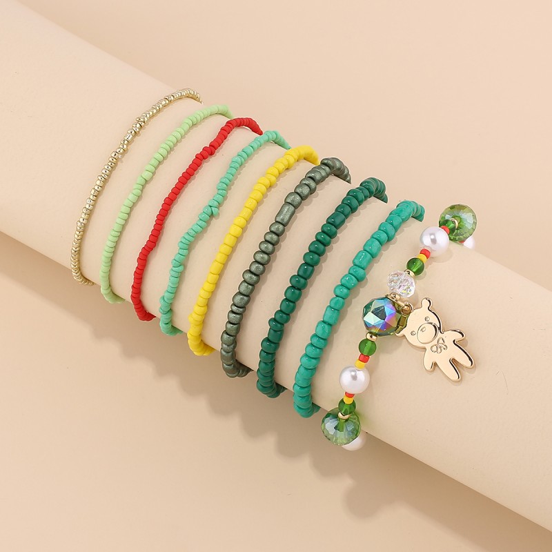 Alloy Teddy Bear Pendant Multi-layer rice beads crystal hand string wholesale bear colorful rice beads multi-layer wearing hand jewelry
