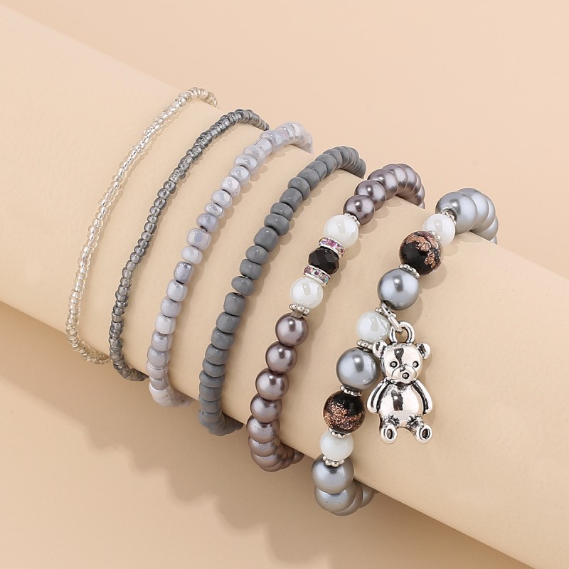 Cross-border wholesale Bear alloy pendant rice beads pearl hand string bracelet alloy Bear multi-layer wear hand accessories