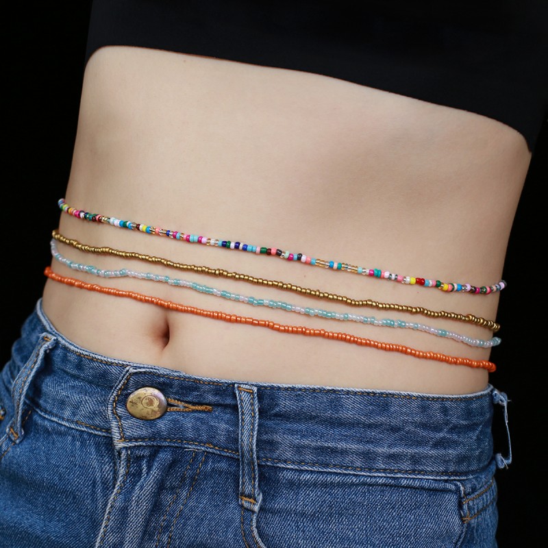 2022 Bohemian fashion multi-layer rice bead waist chain beaded body chain all-match bump color rice bead elastic waist chain