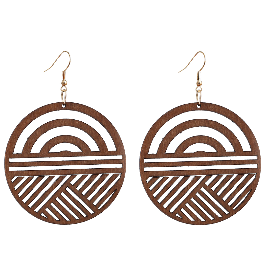 Round wooden pendant earrings ladies ethnic style geometric hollow carving earrings earrings European and American accessories wholesale customization full figure
