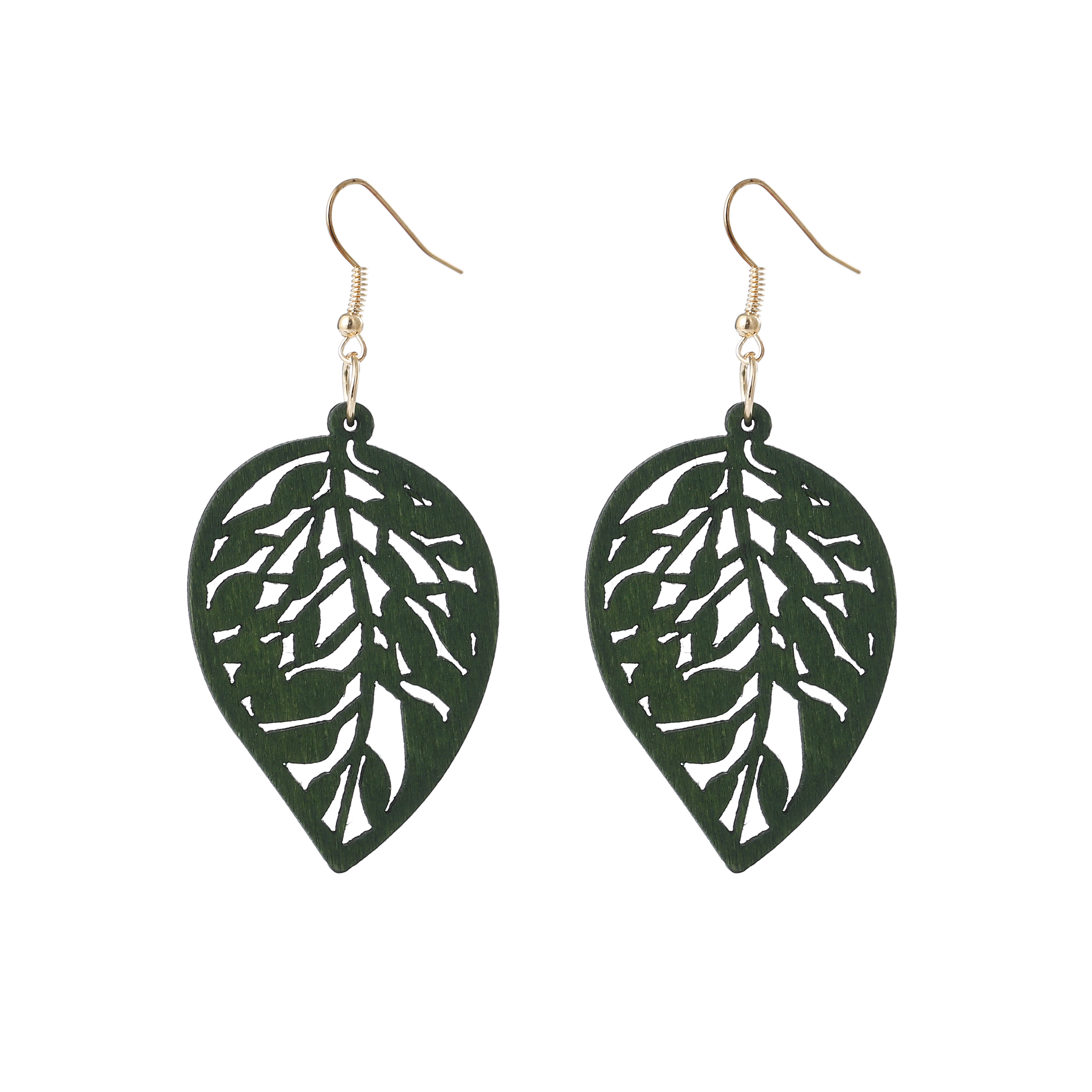 Log leaf shape pendant earrings ladies folk style hollow carving personality earrings earrings European and American accessories wholesale customization details Picture