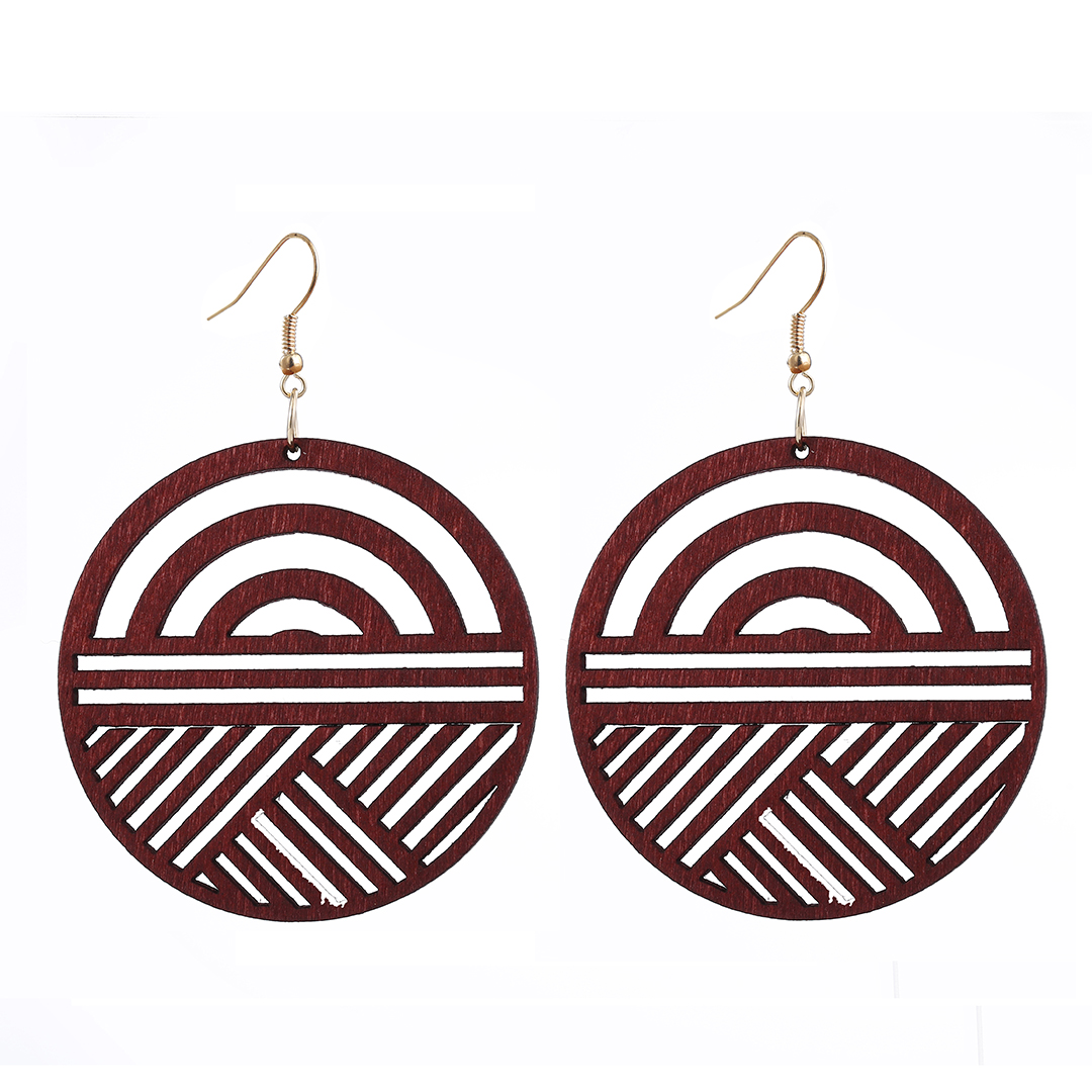 Round wooden pendant earrings ladies ethnic style geometric hollow carving earrings earrings European and American accessories wholesale customization Specification drawing