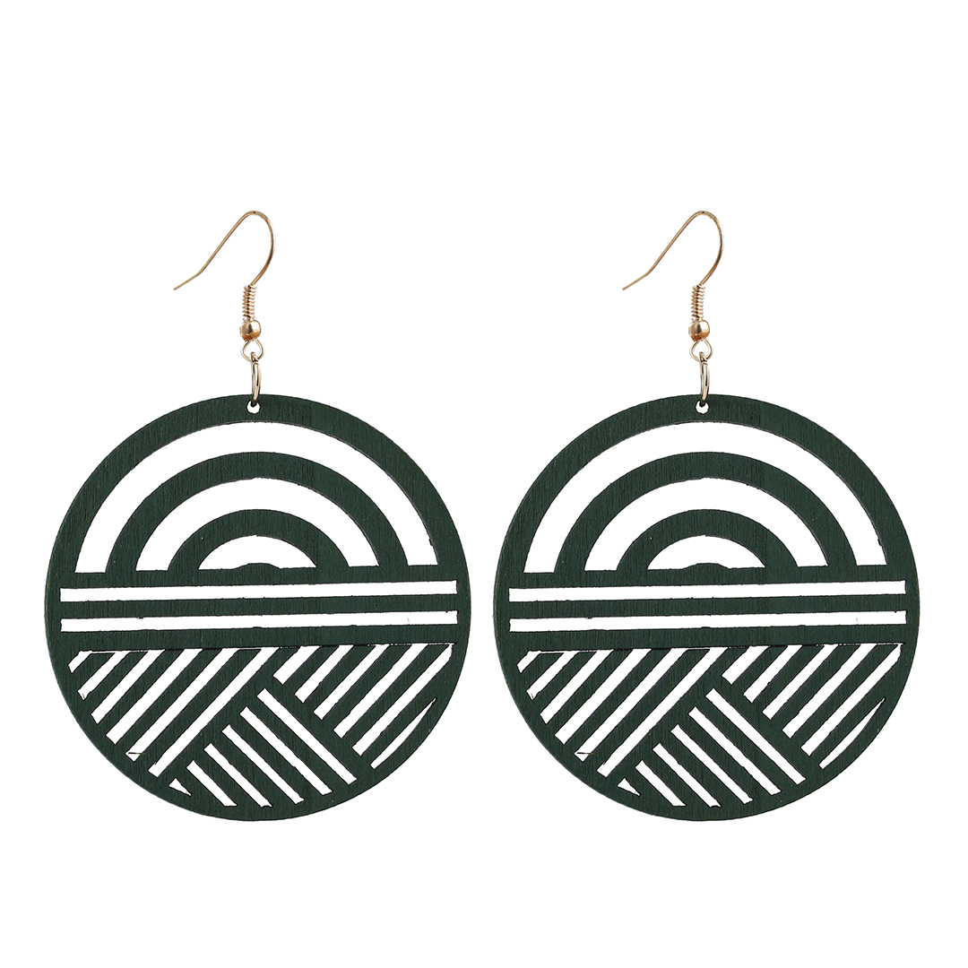 Round wooden pendant earrings ladies ethnic style geometric hollow carving earrings earrings European and American accessories wholesale customization details Picture