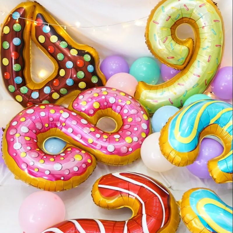 Birthday party decoration and arrangement: Digital aluminum film balloons, doughnut series, aluminum film balloons, cartoon digital balloons details Picture
