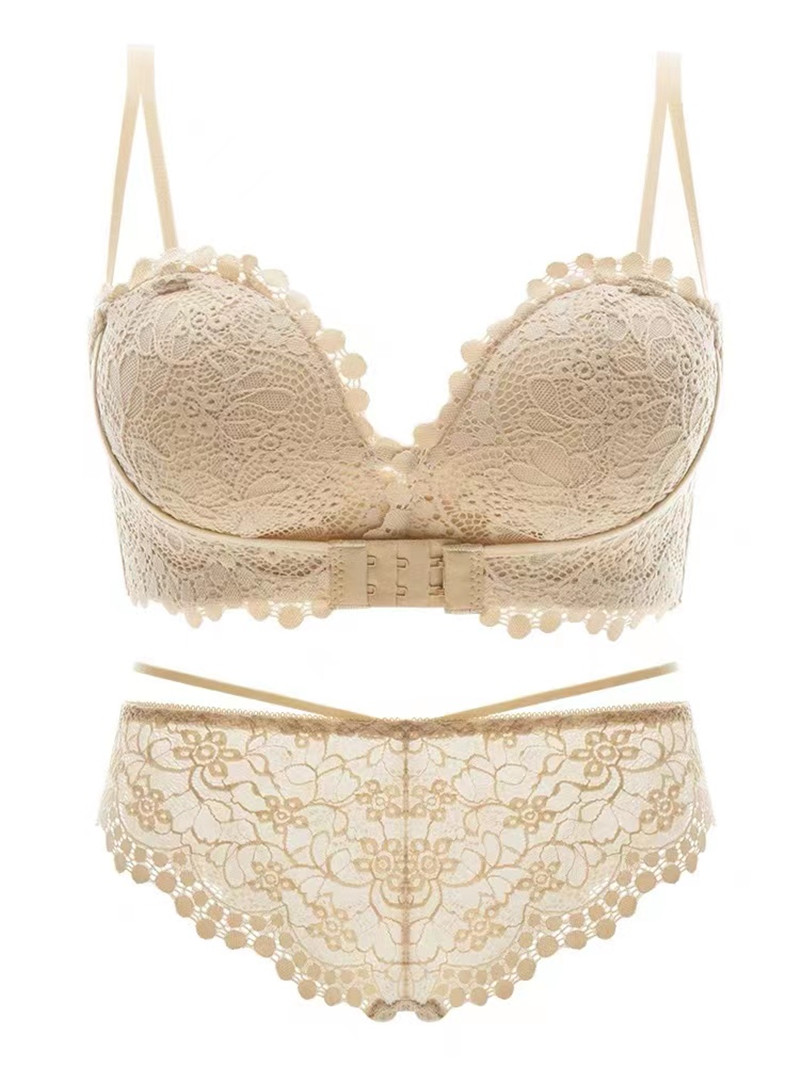 Sexy Lace Half Cup Women's Winter No Underwire Push-Up Anti-Sag Small Breasts Large Shape Bra Set Curiosity Missy Small Breasts Push-Up Bra Women Thin Large Non-Underwire Lace Bra Set French Red Anti-Sag