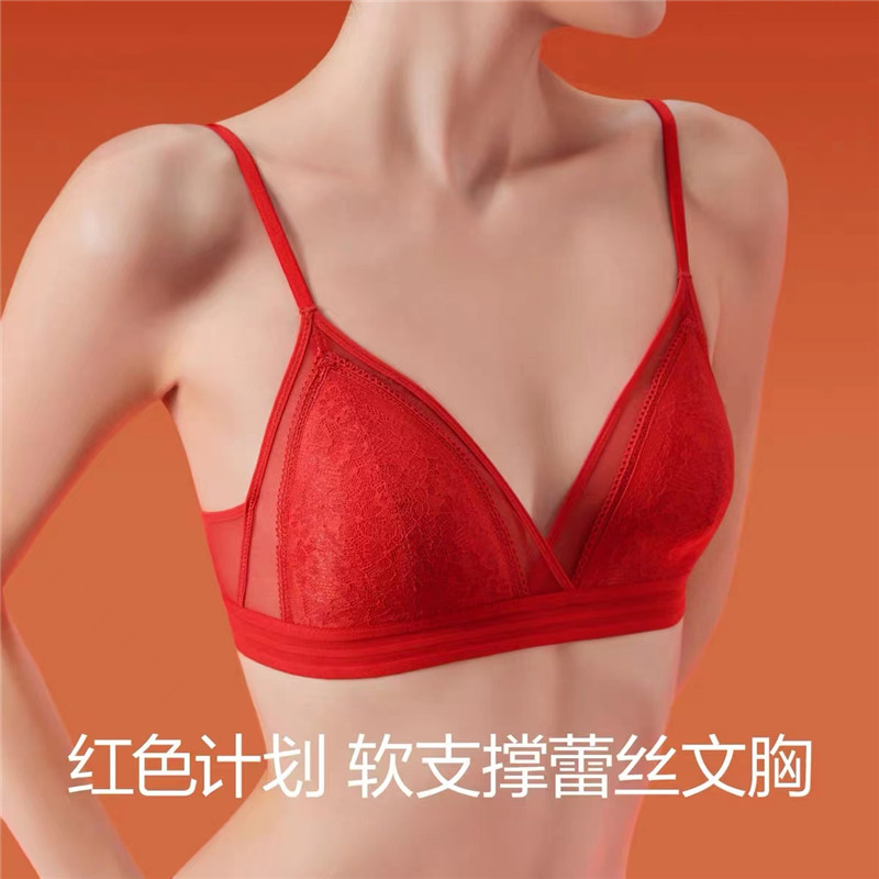 Sexy Lace Cup Lingerie For Women Winter No Underwire Push-Up Anti-Sag Small Breasts Large Shape Bra Set Curiosity Missy Small Breasts Push-Up Bra For Women Thin Large Non-Underwire Lace Bra Cover Set French Red Anti-Sag