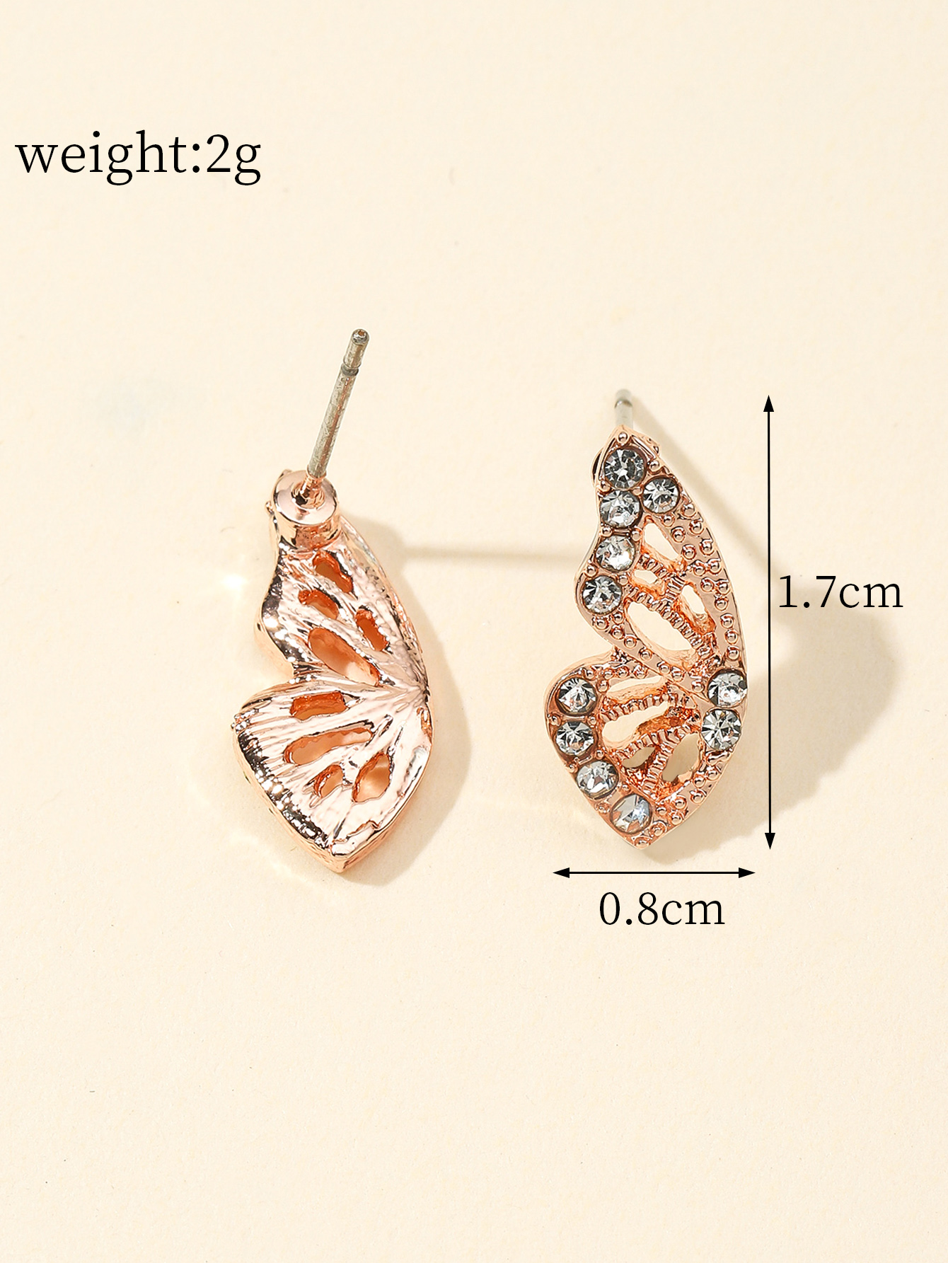 Alloy diamond-encrusted pink gold butterfly stud fashion new European and American women's stud earrings custom wholesale details Picture