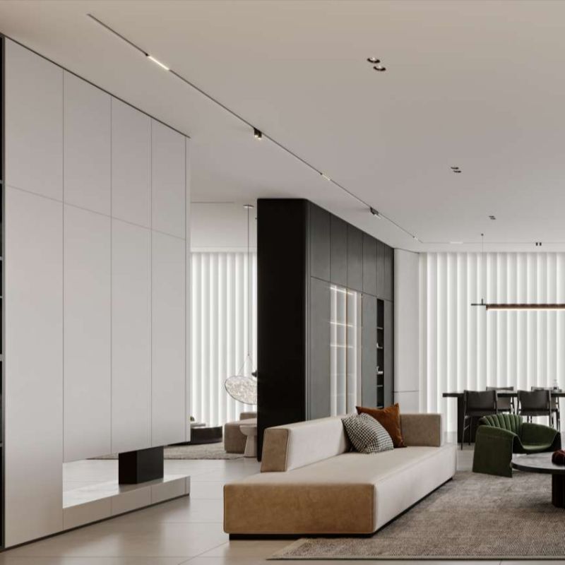 A modern and simple background wall with a custom-made wardrobe for the entire house