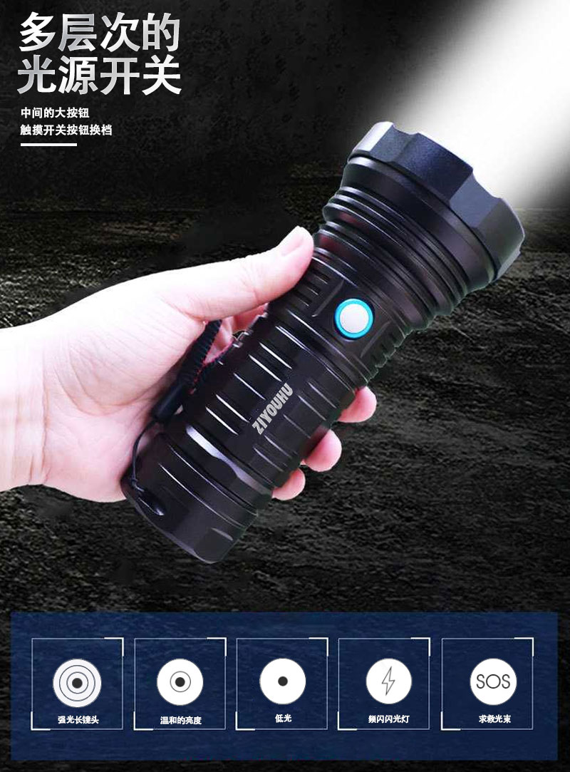 ZIYOUHUT40LED强光手电筒充电大功率加长续航巡逻应急消防手电筒详情8
