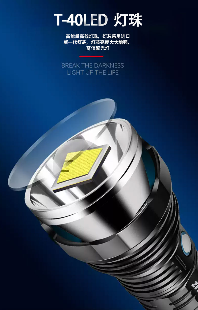 ZIYOUHUT40LED强光手电筒充电大功率加长续航巡逻应急消防手电筒详情6