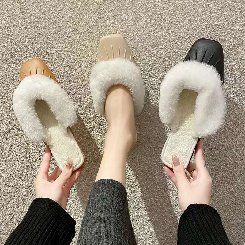 Baotou half slippers women wear autumn and winter warm fur shoes flat square head women lazy Muller shoes 183