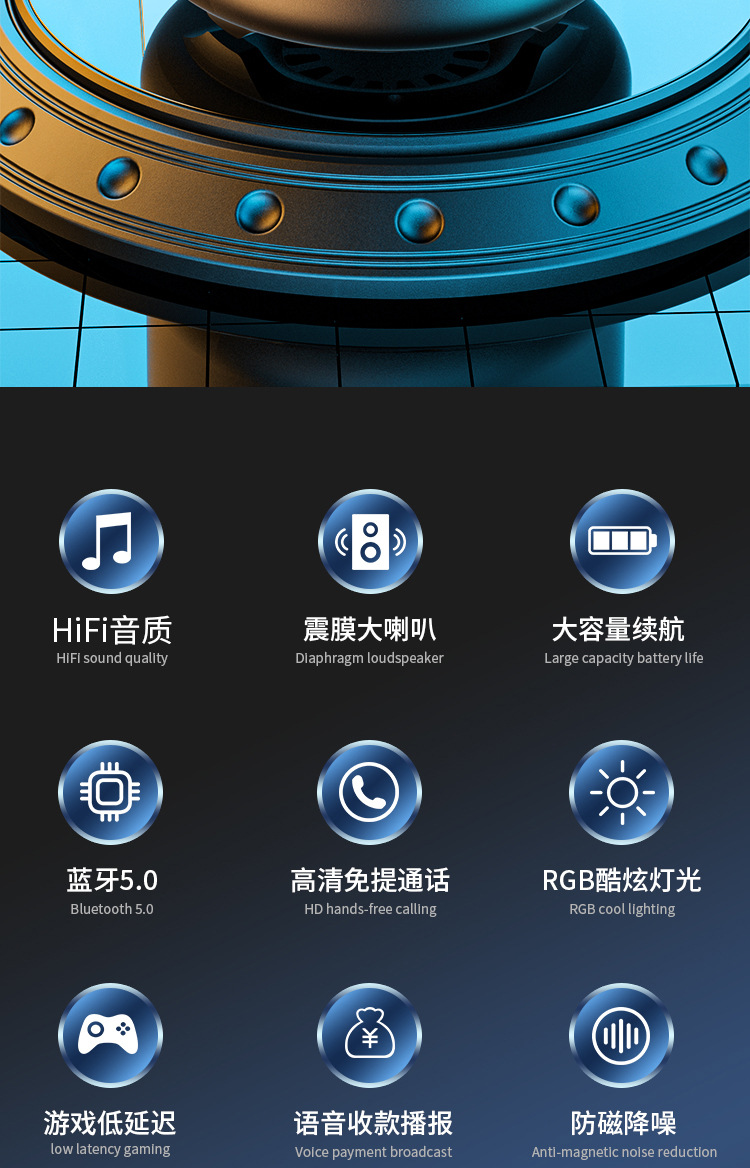 源头工厂2022无线琉璃蓝牙音响七彩灯光好音质便携式支持U盘TF卡详情3