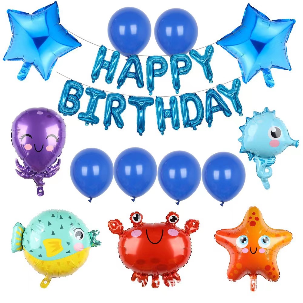 Sea fish animal theme Blue sea Happy Birthday scene decoration Decorate the background wall of balloons for children's party