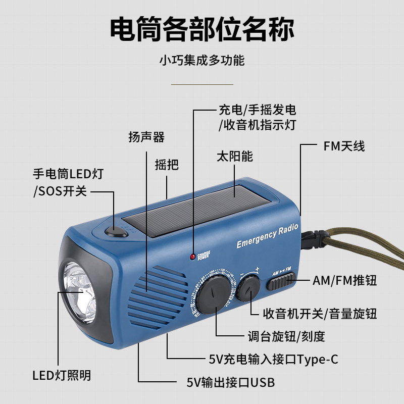 AZ-801太阳能手摇充电收音机电筒应急自充电自发电手电筒便携野营灯露营灯详情5