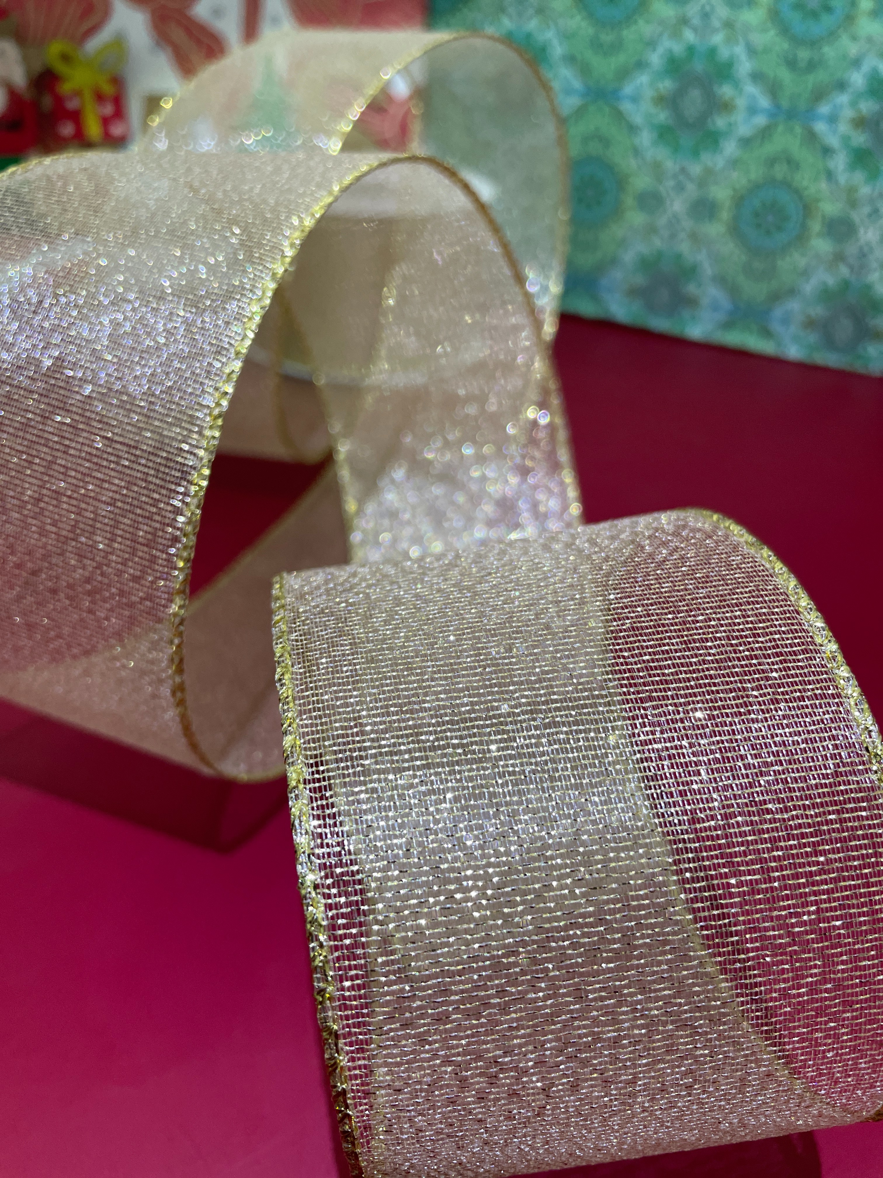 货号：2299圣诞礼品包装装饰DIY 浅金葱布圣诞铁线带6.3cm圣诞树圣诞用品详情1