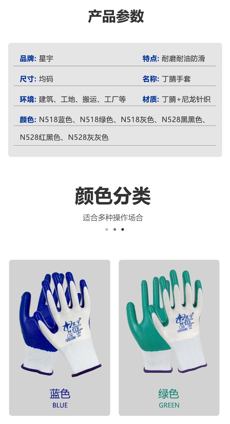 星宇N518丁晴劳保手套耐磨耐油耐酸碱浸胶防护透气舒适防滑塑胶皮劳动工地干活厂家正品直发包邮详情3