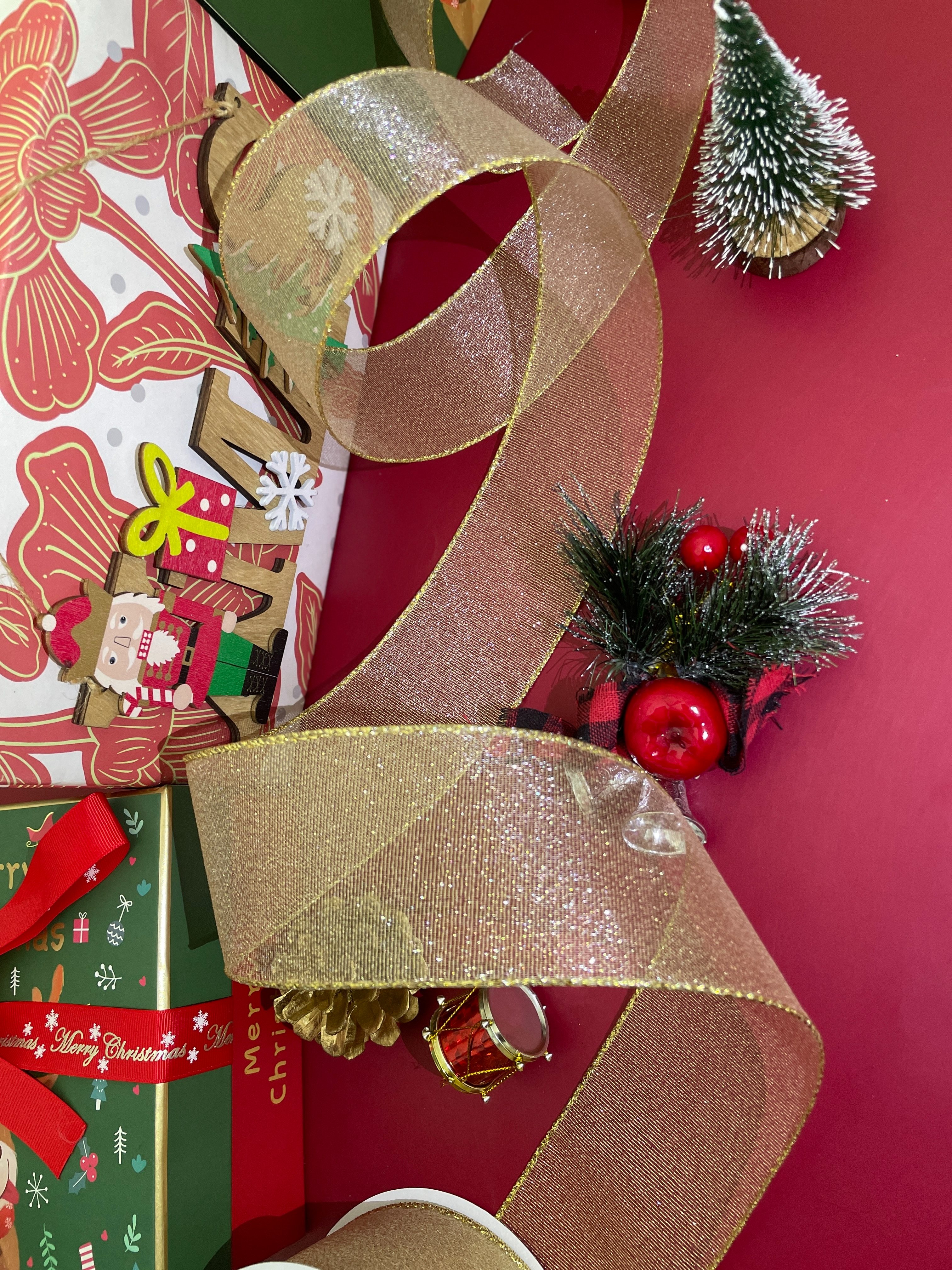 货号：2299圣诞礼品包装装饰DIY 浅金葱布圣诞铁线带6.3cm圣诞树圣诞用品详情4