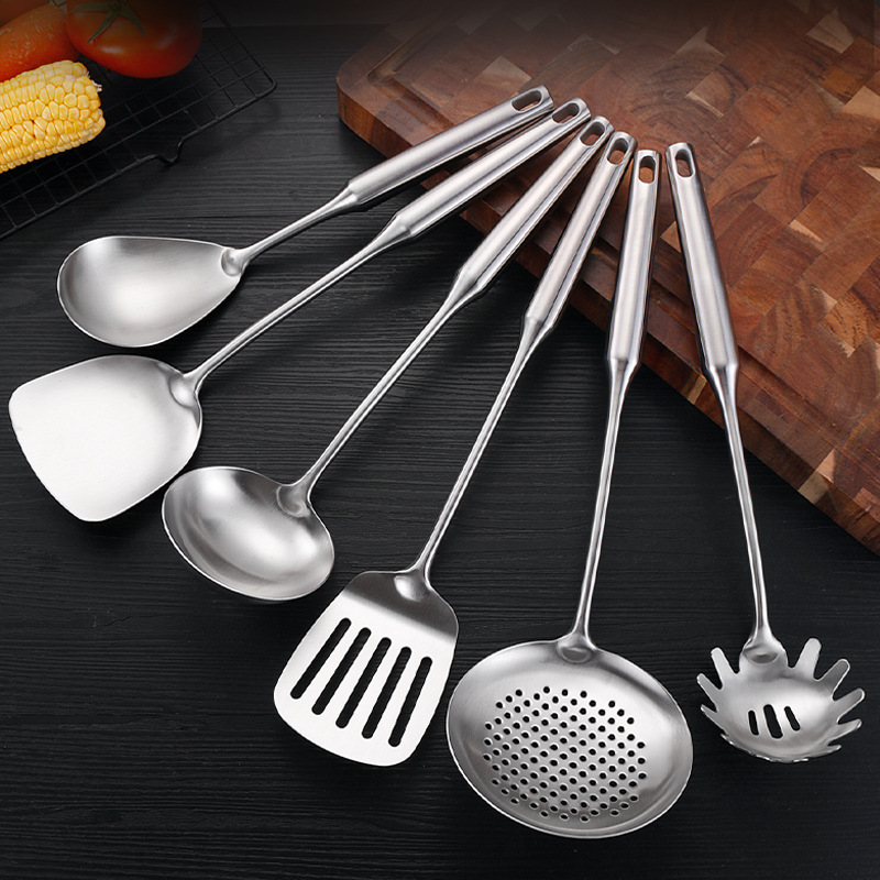 Wholesale 304 stainless steel spatula slotted spoon kitchen household thickened round tube heat insulation cooking spatula kitchen utensils six-piece set thumbnail