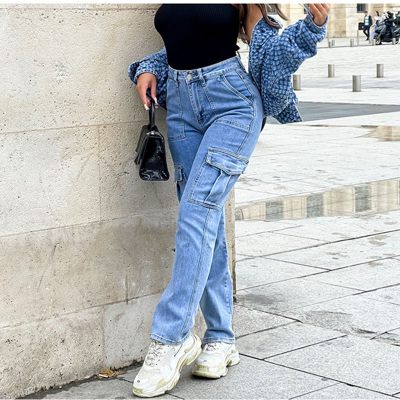 Women's Pocket High Waist Washed Cargo Jeans full figure