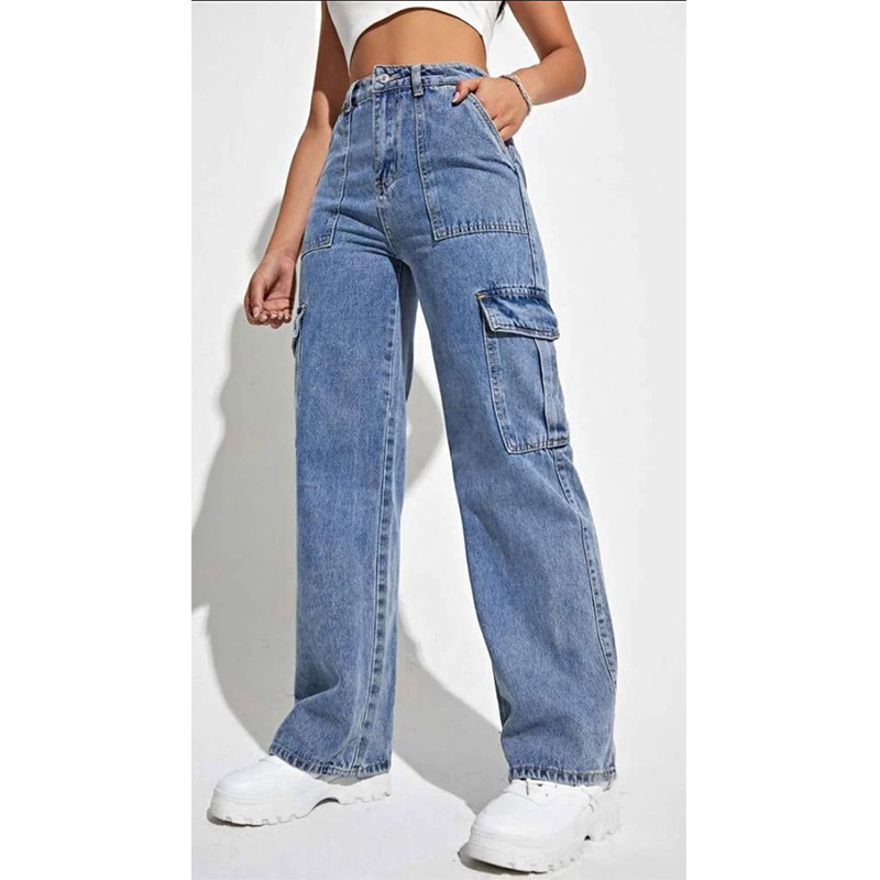 Women's Pocket High Waist Washed Cargo Jeans details Picture