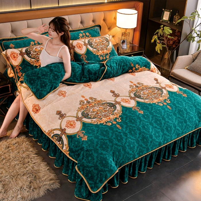 Winter printed thick coral flannel sheet bed cover velvet bedding duvet cover bed skirt four-piece sets thumbnail