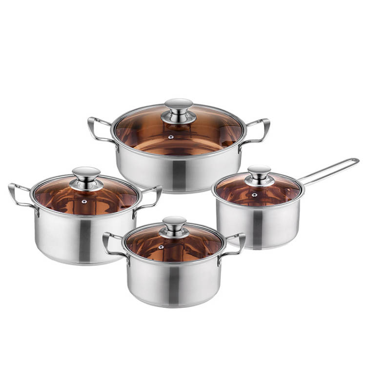Household stainless steel pot 3 sets uncoated double bottom stockpot with glass cover saucepan steel handle milk pot cooking utensils