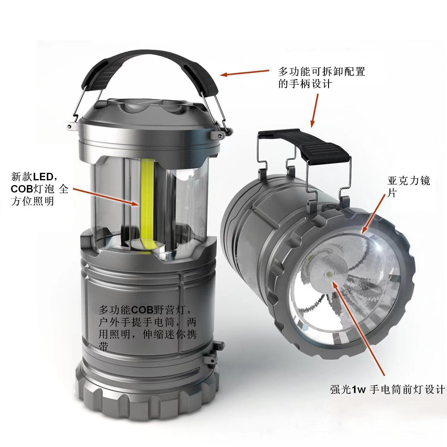 Battery-powered COB horse lamp, outdoor camping lighting lamp, telescopic lighting portable lamp pic 2