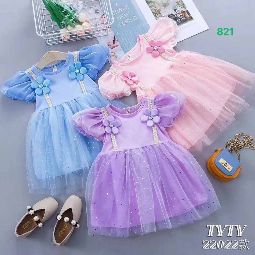 Little girl summer dress cute short sleeve gauze princess dress details Picture