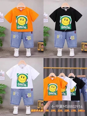 Medium children's summer cartoon printed pattern round neck short sleeve T-shirt denim shorts set thumbnail