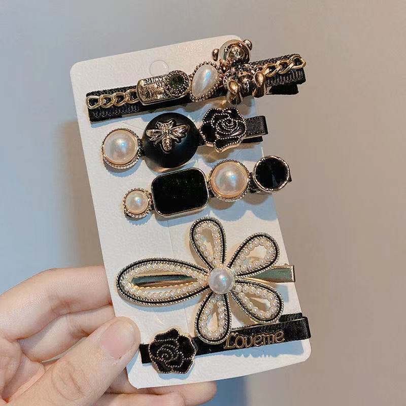 韩版ins抖音新款复古小熊5件套发夹简约珍珠发卡边夹鸭嘴夹套装详情1