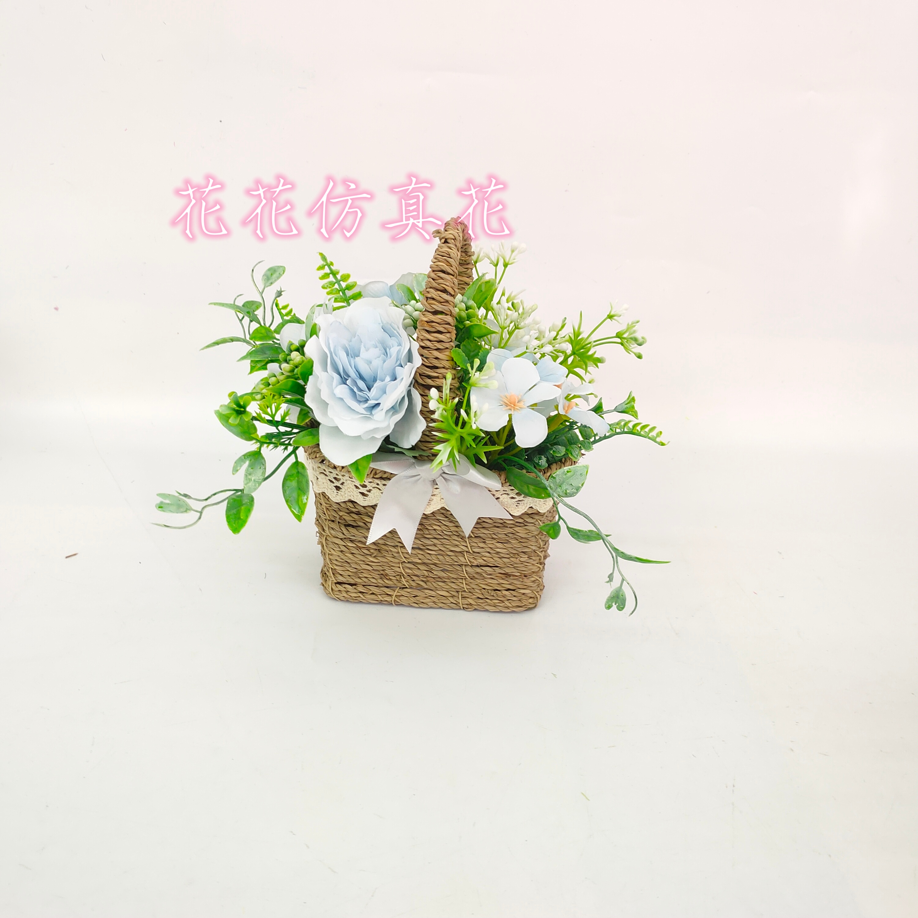 仿真花假花盆景手工编织蓝大荷花摆件装饰品详情2