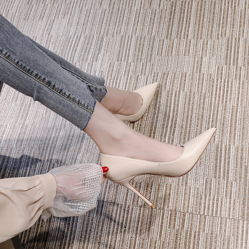 2023 Spring New French Pointy High Heels Female Black Work Shoes Slim Heels Shallow Mouth Fashion Large Size Single Shoes Female