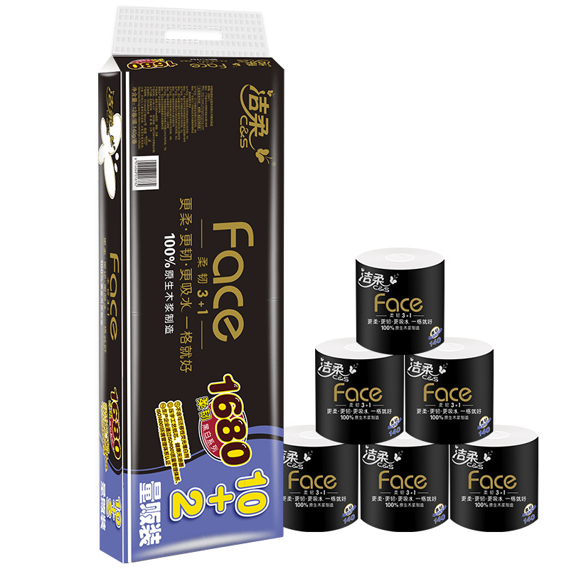 Soft Black Face Household Toilet Paper Roll 4 Layers Thickened Flexible Core Roll 140G* 12Rolls 1680G