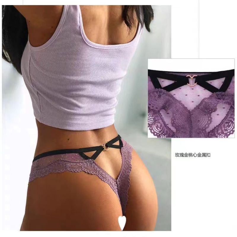 The Mystery of the Magic Box: European and American sexy transparent lace cutout heart-shaped rose gold women's low-waisted T-shaped T-pants Specification image