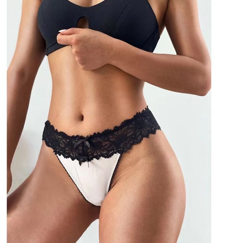 The Mystery of the Magic Box: European and American sexy peachy buttocks, lace trim, retro drawstring bow, women's low-waisted thong