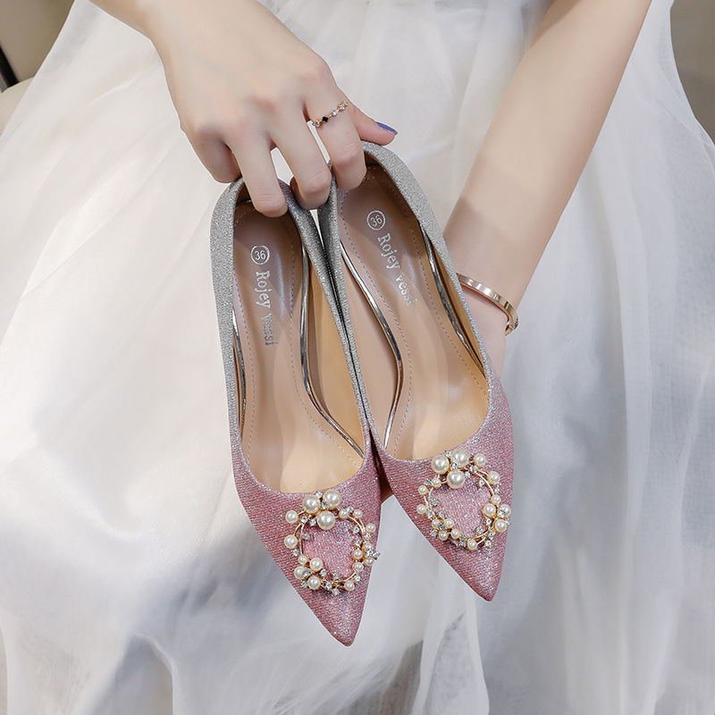 A Wedding Shoes For Women 2023 Autumn New Bride Shoes Pointed Single Shoes With Pearl Buckle Gradual High Heels