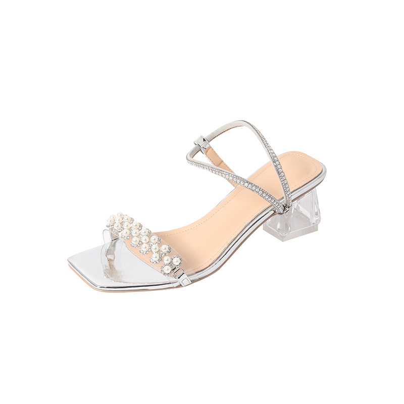 2023 Summer New Line With Two Wear Sandals Women Wear Fairy Wind Rhinester Transparent Square Head Thick Heel Shoes Item Picture