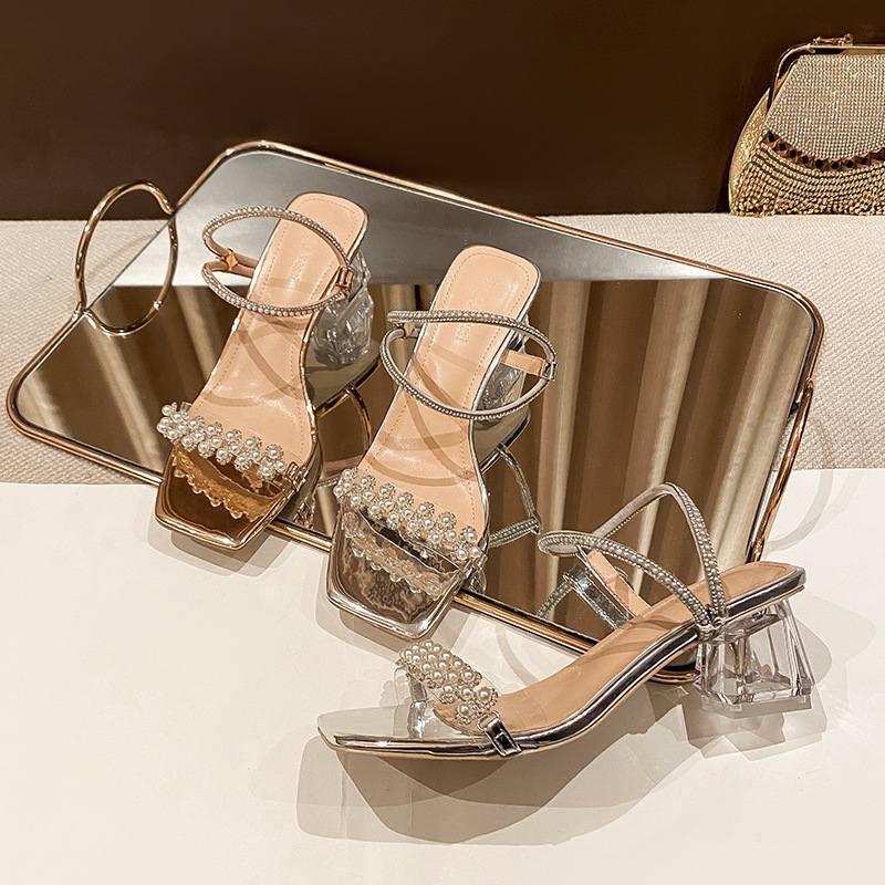 2023 Summer New Line With Two Wear Sandals Women Wear Fairy Wind Rhinester Transparent Square Head Thick Heel Shoes Specification drawing