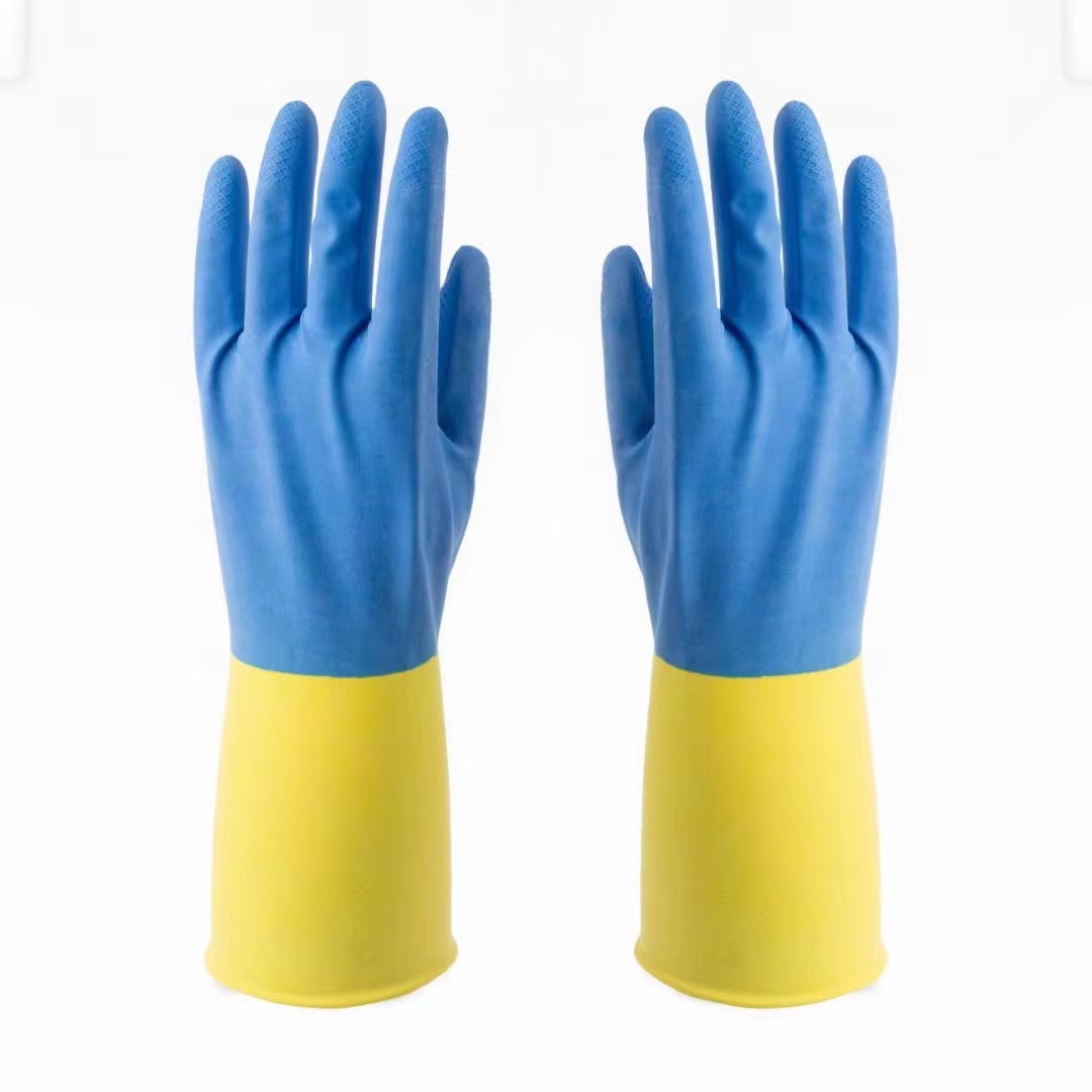 Foreign trade blue and yellow two-color waterproof and non-slip rubber gloves wear-resistant durable spray latex dishwashing laundry housework gloves thumbnail